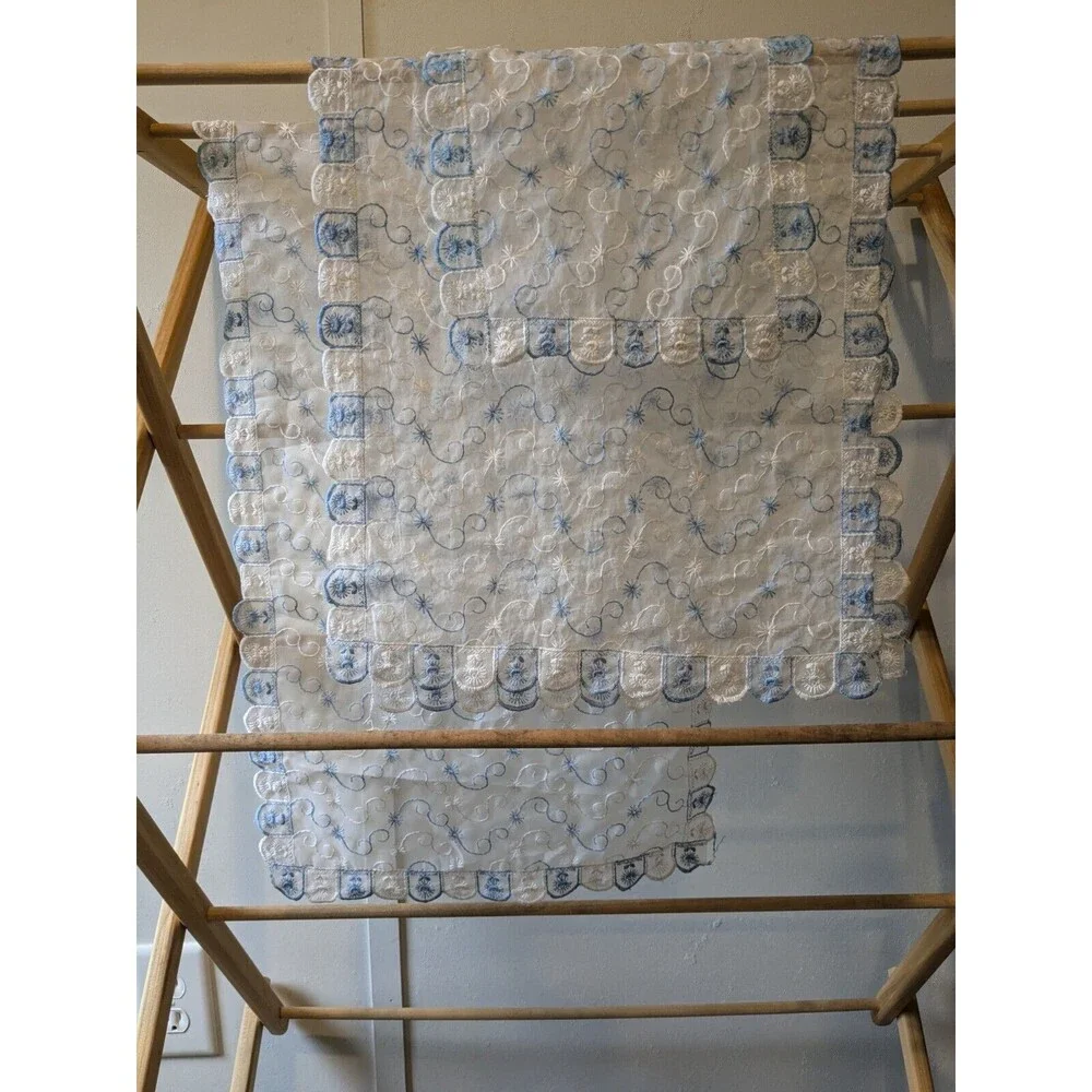 Vintage 3 Pc Dresser Scarf Set with Floral Embroidery Scroll Blue White Sheer